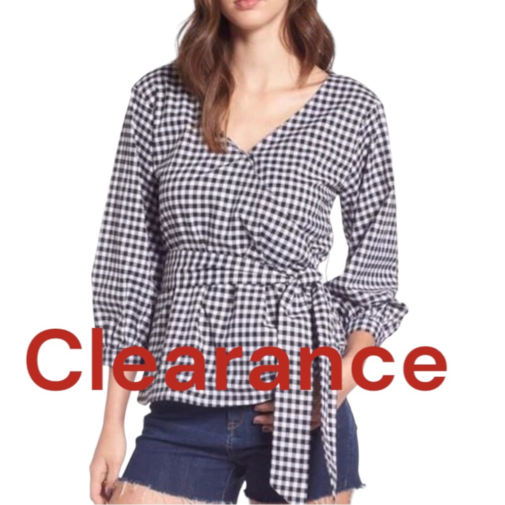 🔴 Boho Gingham Faux Wrap Top New